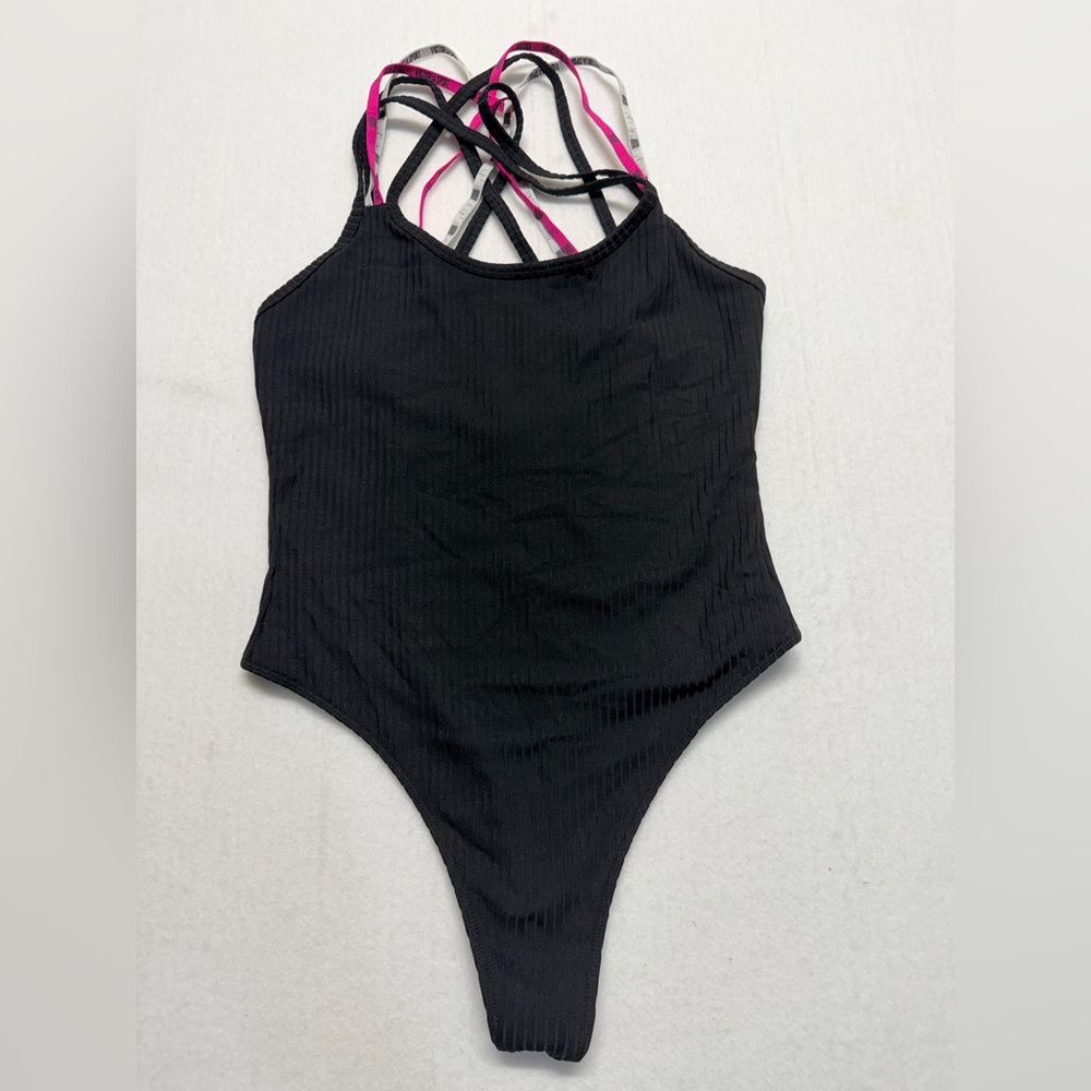 Victoria Secret Victoria Sport Black Ribbed Women's Bodysuit Pink  Straps Small